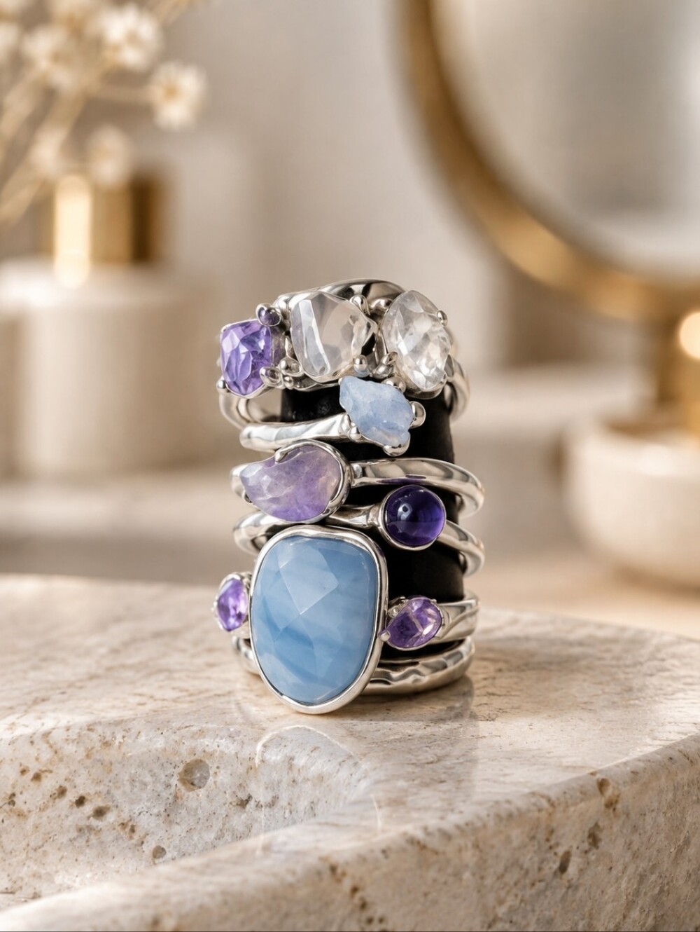 Urban Outfitters Sterling Silver Blue and Purple Stone Stackable Ring Set